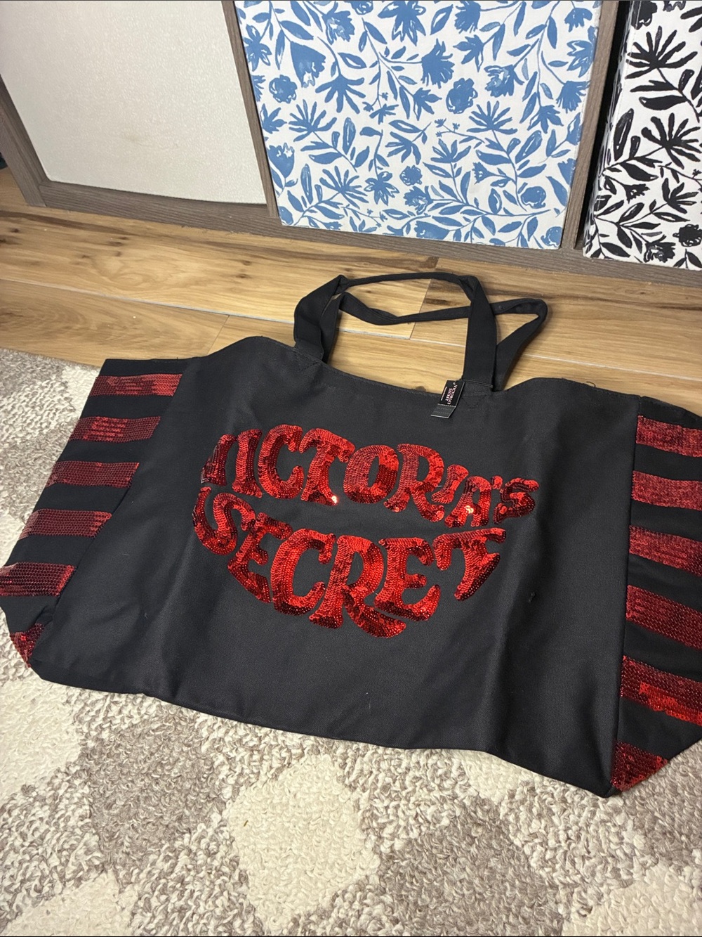 Victoria's Secret Black Tote with Red Sequin Logo and Stripes